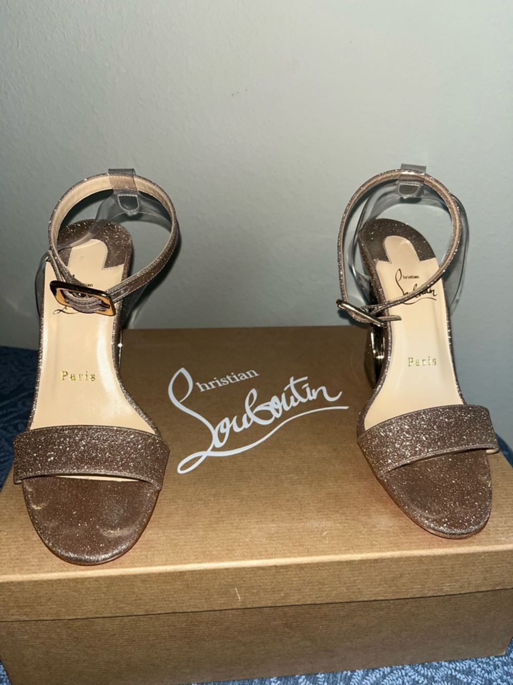 Christian Louboutin Glitter Ankle-Strap Heels in Rose Gold